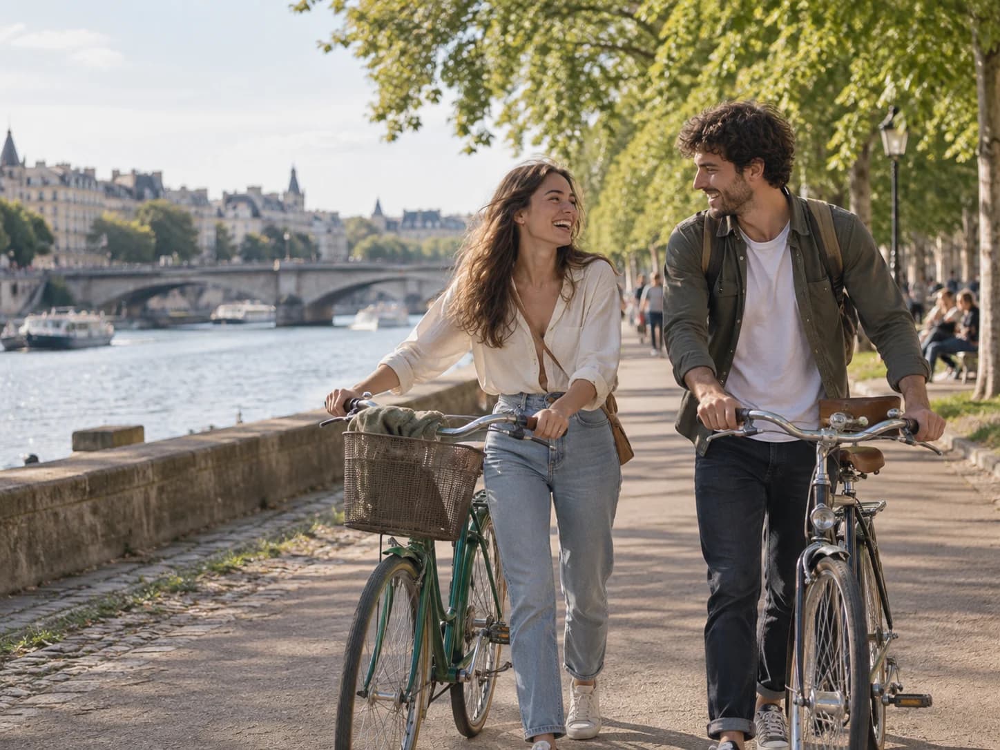 Ein junges Paar verbringt ein entspanntes Date mit Fahrrädern am Fluss
